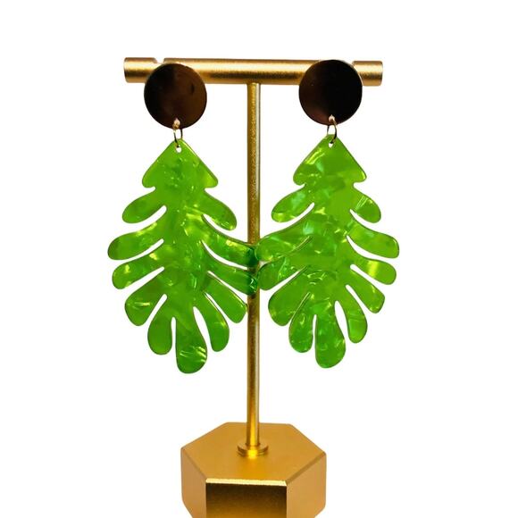 Francesca's Palm Leaf Acrylic Drop Earrings Lime Green Chunky Tropical Earrings - Picture 2 of 5